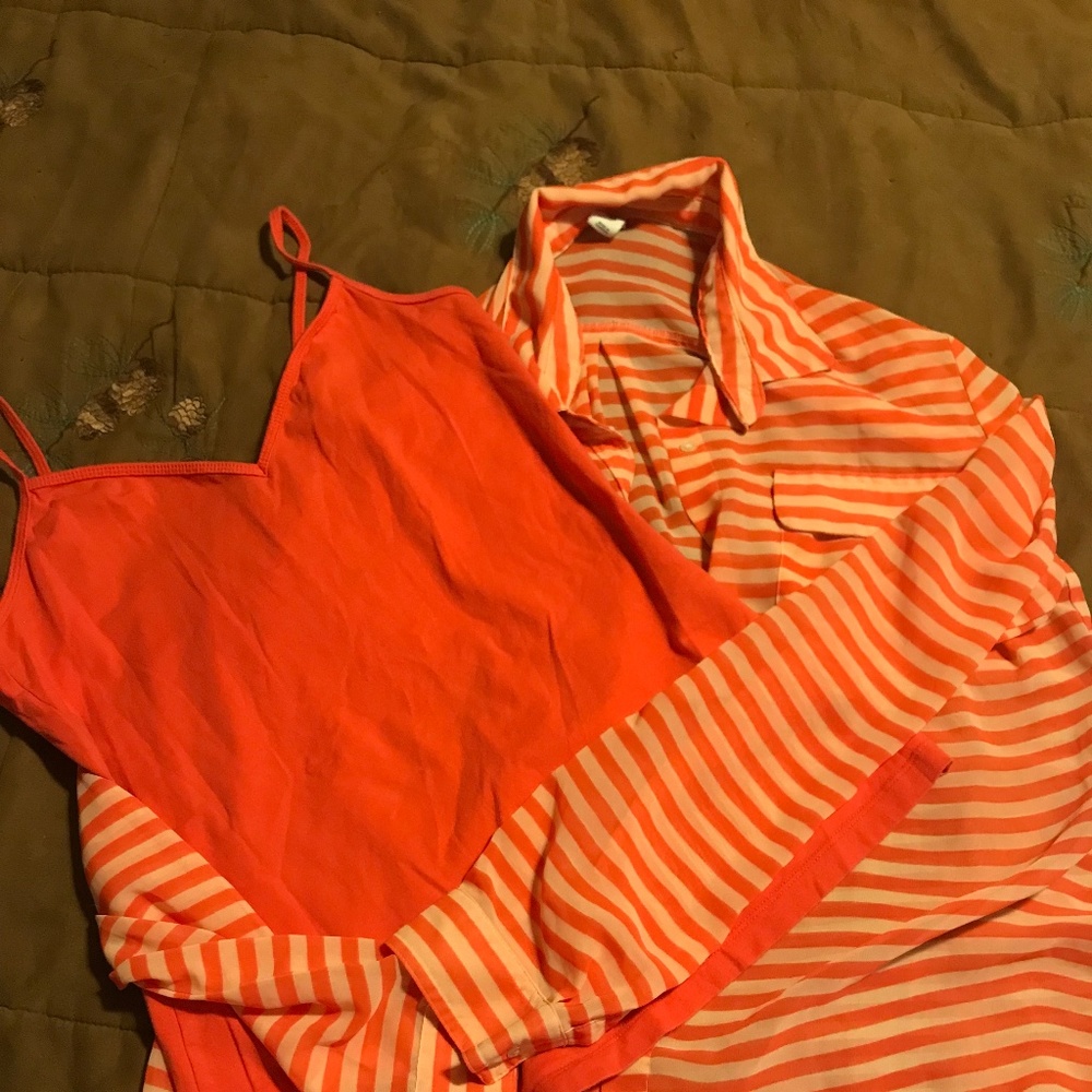 L Orange Striped Silky Blouse w/tank top Old Navy